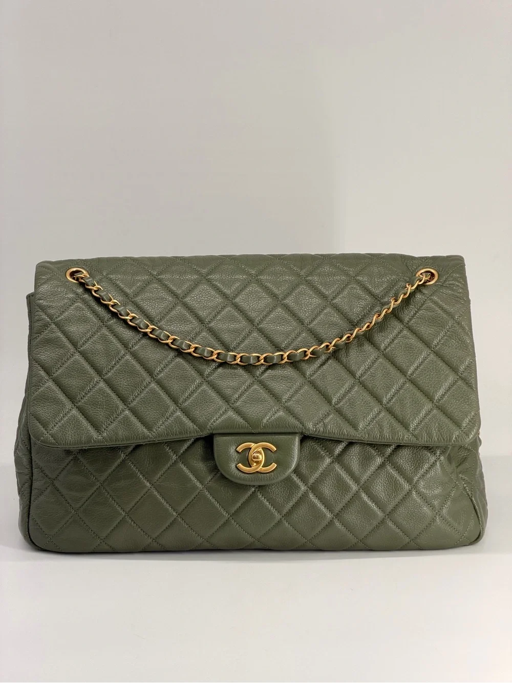 Chanel XXL Travel Classic Flap Bag Khaki Grained Calfskin Leather